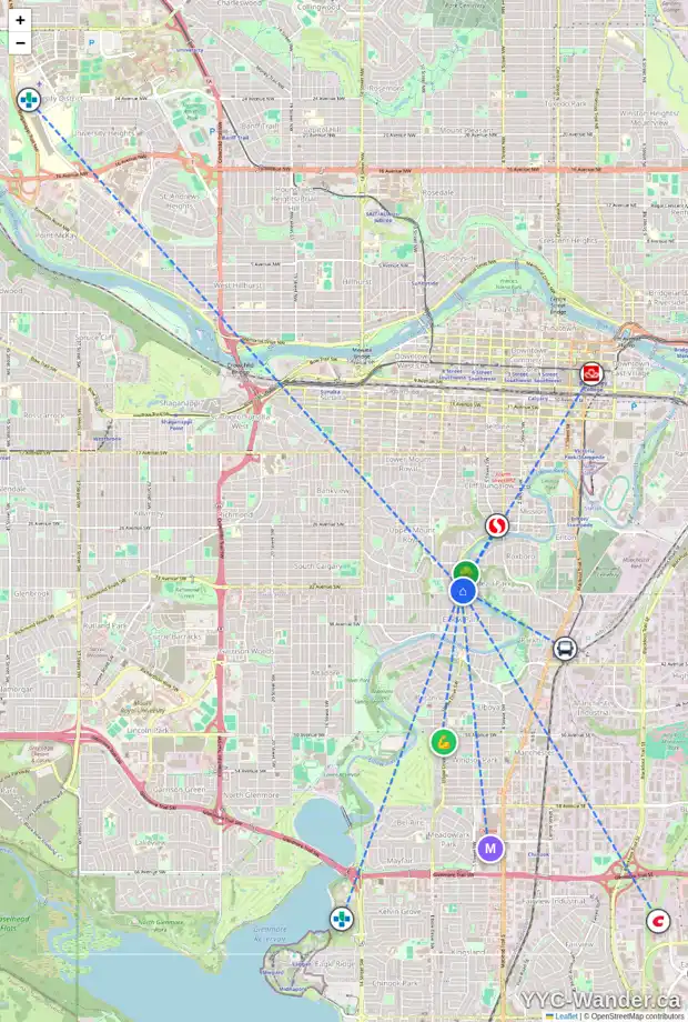 Daily accessibility map for 3427 ELBOW DR SW, Calgary showing nearby schools, grocery stores, parks, LRT stations and nearby amenities