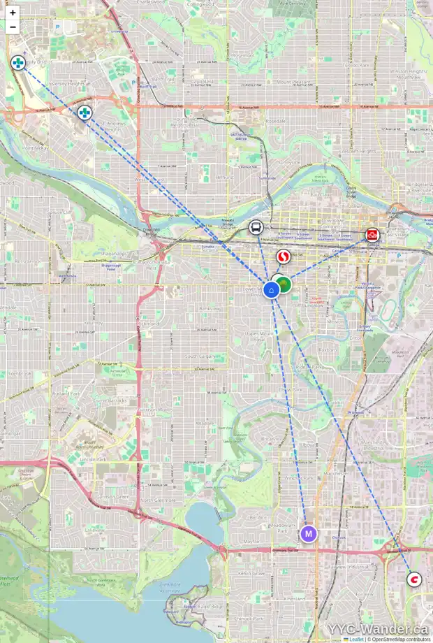 Daily accessibility map for 104 930 18 AV SW, Calgary showing nearby schools, grocery stores, parks, LRT stations and nearby amenities
