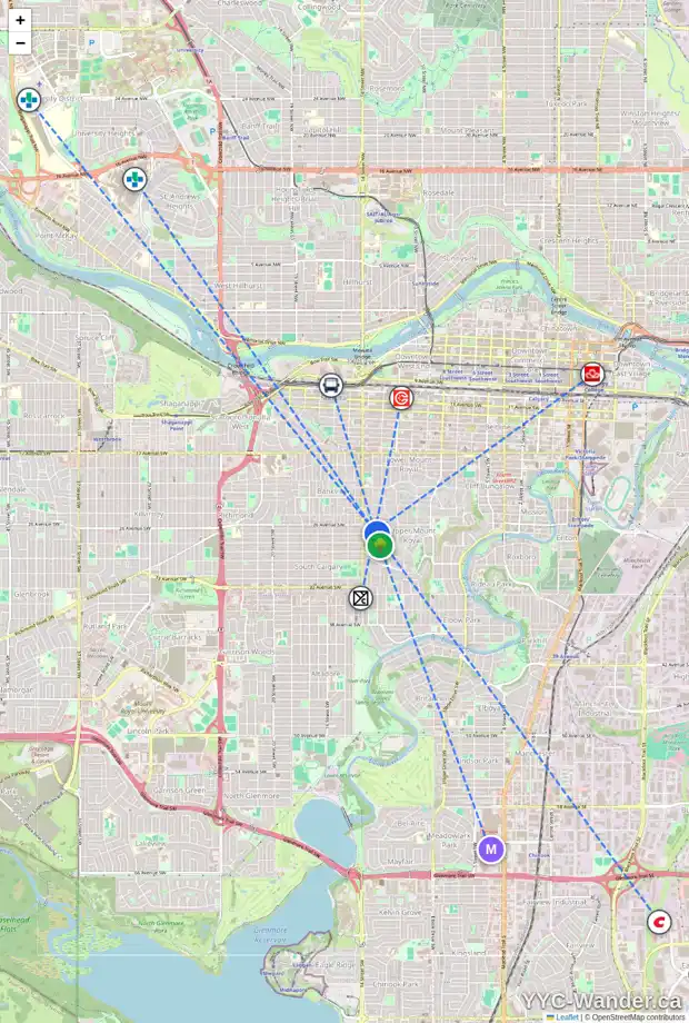 Daily accessibility map for 2748 WOLFE ST SW, Calgary showing nearby schools, grocery stores, parks, LRT stations and nearby amenities