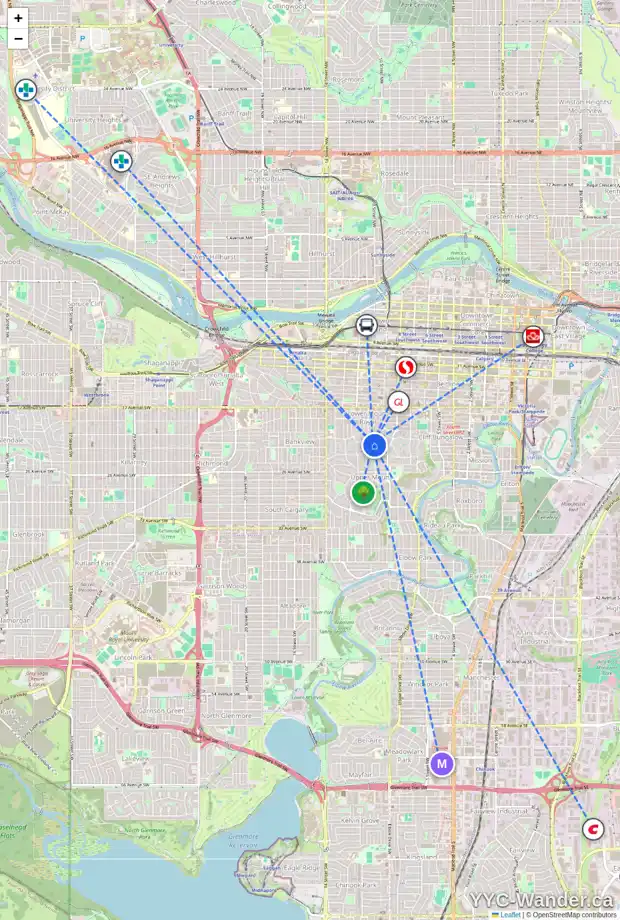 Daily accessibility map for 1102 SYDENHAM RD SW, Calgary showing nearby schools, grocery stores, parks, LRT stations and nearby amenities