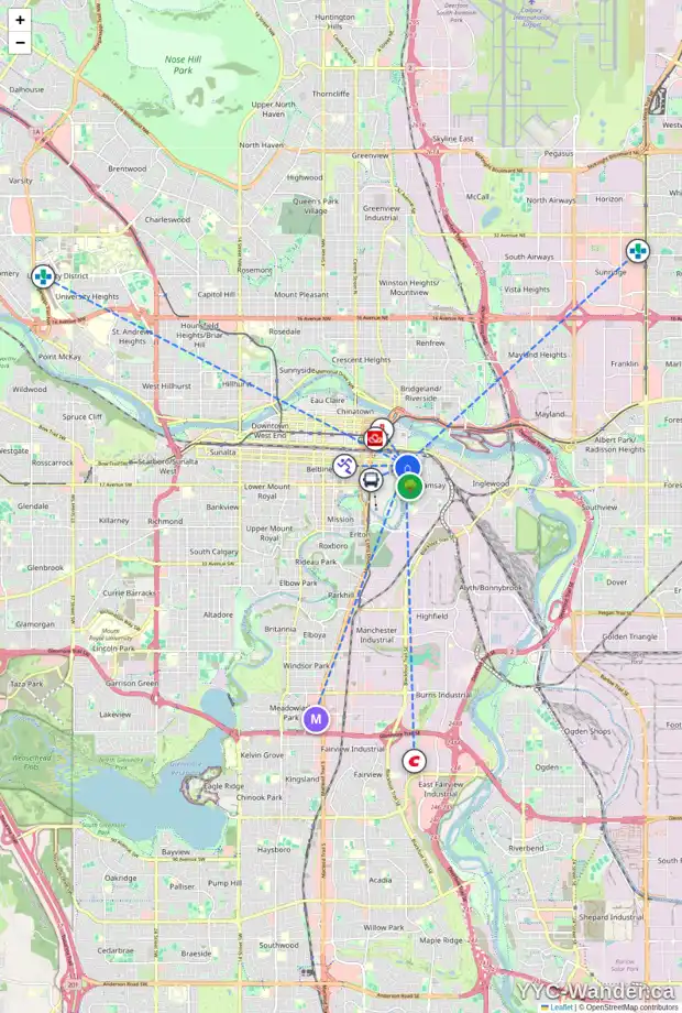 Daily accessibility map for 636 12 AV SE, Calgary showing nearby schools, grocery stores, parks, LRT stations and nearby amenities
