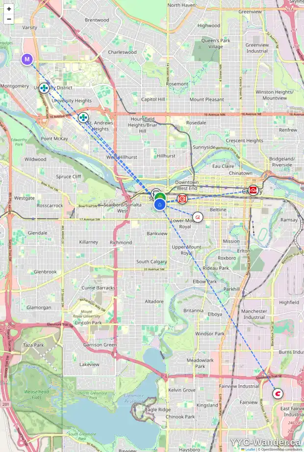 Daily accessibility map for 1631 12 AV SW, Calgary showing nearby schools, grocery stores, parks, LRT stations and nearby amenities