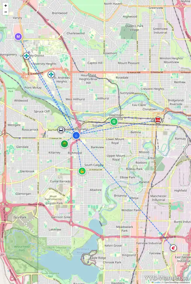 Daily accessibility map for 1712 SUFFOLK ST SW, Calgary showing nearby schools, grocery stores, parks, LRT stations and nearby amenities