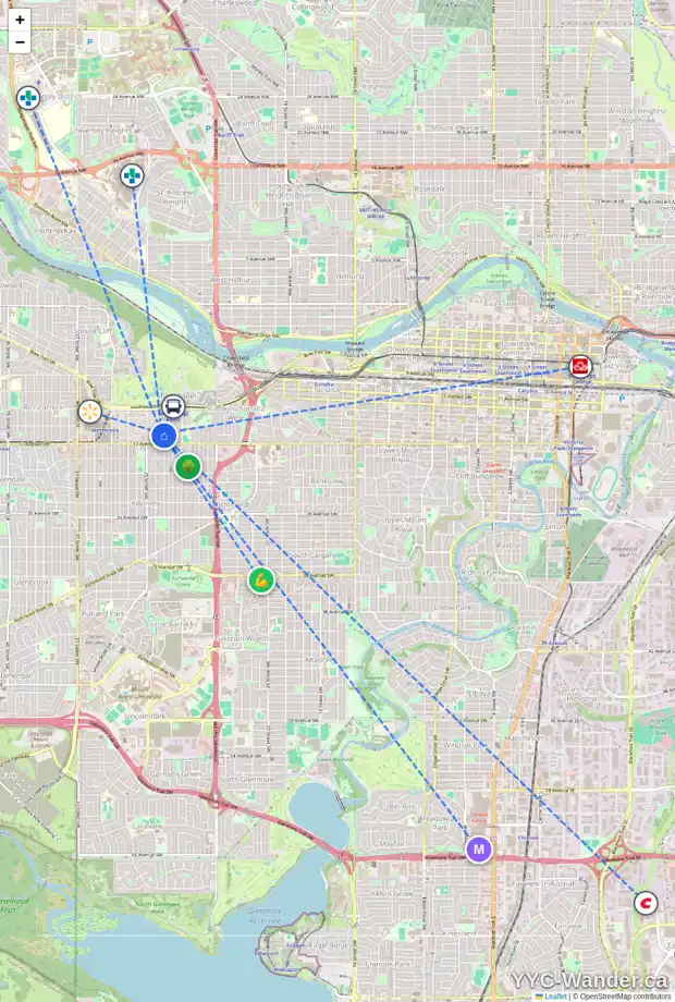 Daily accessibility map for 1719 27 ST SW, Calgary showing nearby schools, grocery stores, parks, LRT stations and nearby amenities