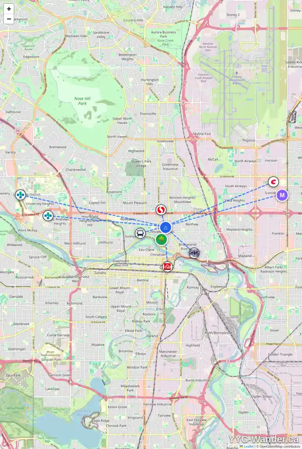 Daily accessibility map for 218 10 AV NE, Calgary showing nearby schools, grocery stores, parks, LRT stations and nearby amenities