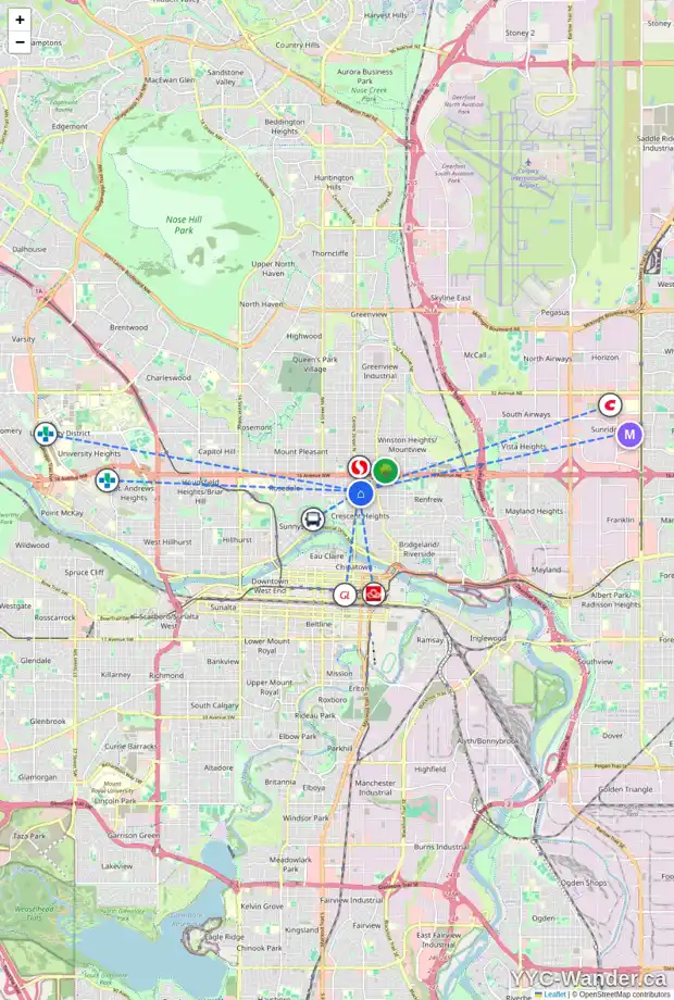 Daily accessibility map for 2 123 13 AV NE, Calgary showing nearby schools, grocery stores, parks, LRT stations and nearby amenities