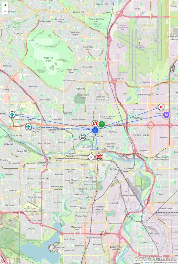 Daily accessibility map for 3 123 13 AV NE, Calgary showing nearby schools, grocery stores, parks, LRT stations and nearby amenities