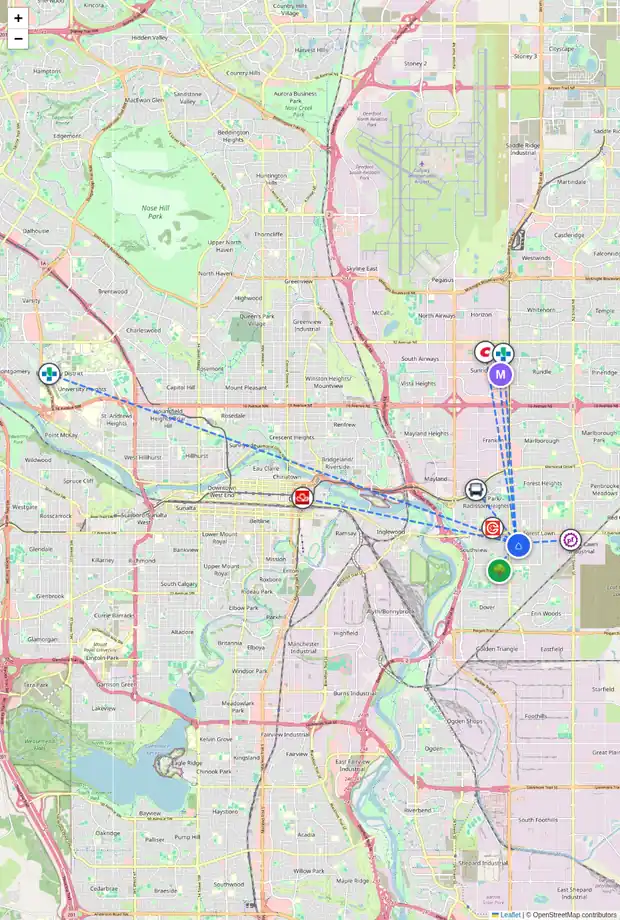 Daily accessibility map for 2021 38 ST SE, Calgary showing nearby schools, grocery stores, parks, LRT stations and nearby amenities