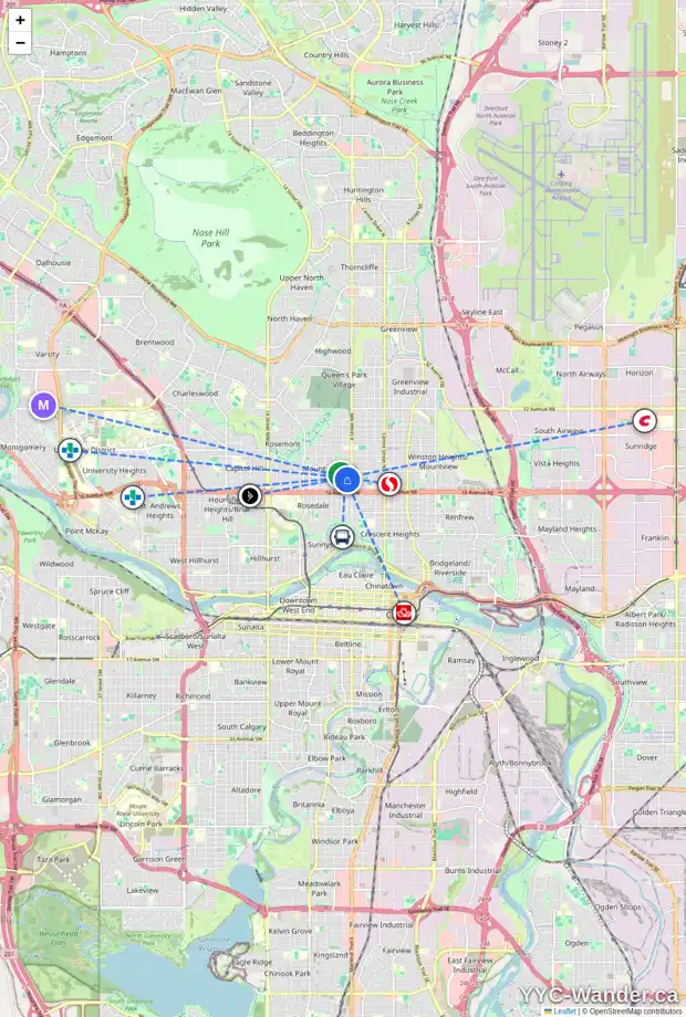 Daily accessibility map for 529 19 AV NW, Calgary showing nearby schools, grocery stores, parks, LRT stations and nearby amenities