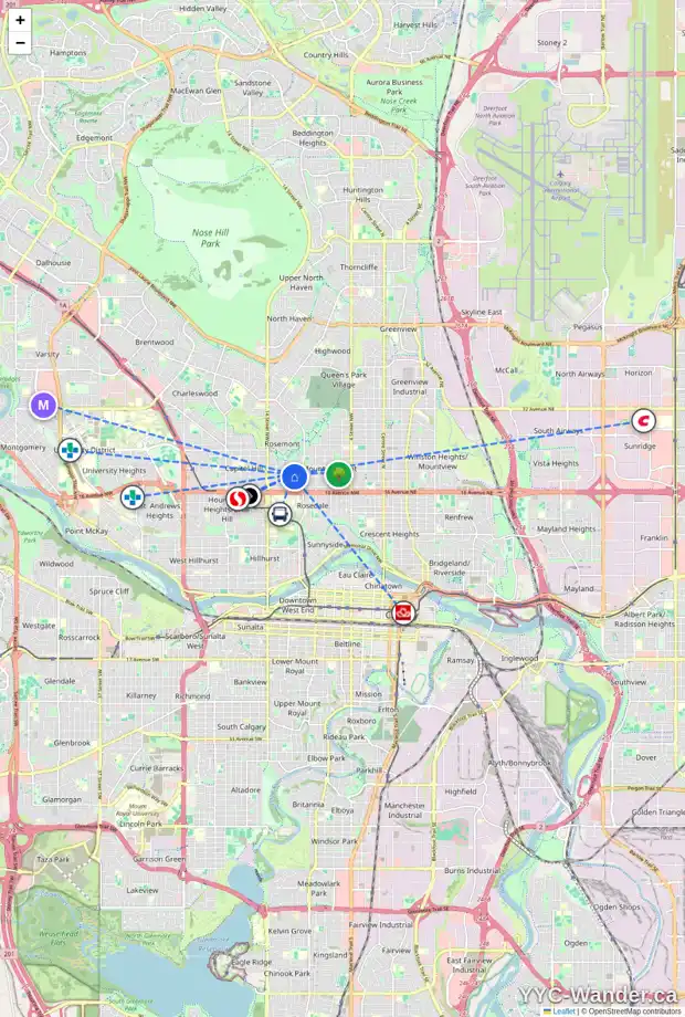 Daily accessibility map for 1206 19 AV NW, Calgary showing nearby schools, grocery stores, parks, LRT stations and nearby amenities