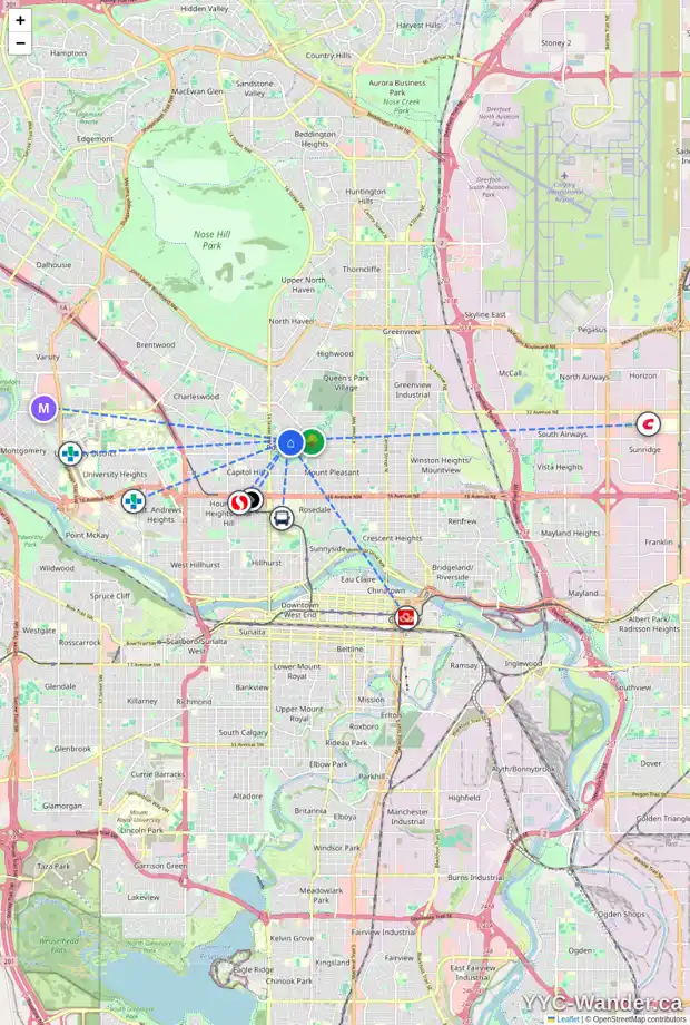 Daily accessibility map for 90 ROSERY DR NW, Calgary showing nearby schools, grocery stores, parks, LRT stations and nearby amenities