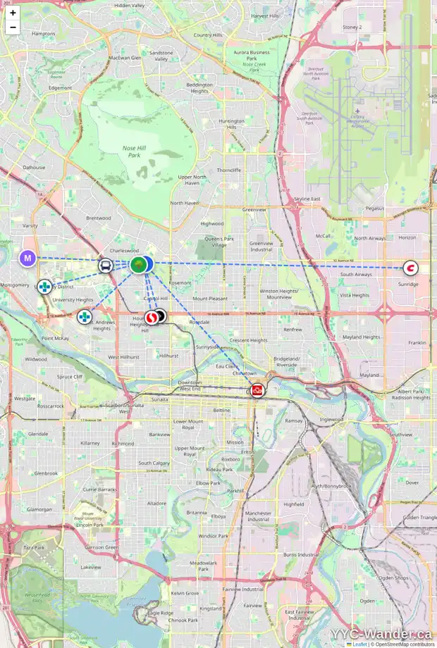 Daily accessibility map for 3303 CARIBOU DR NW, Calgary showing nearby schools, grocery stores, parks, LRT stations and nearby amenities
