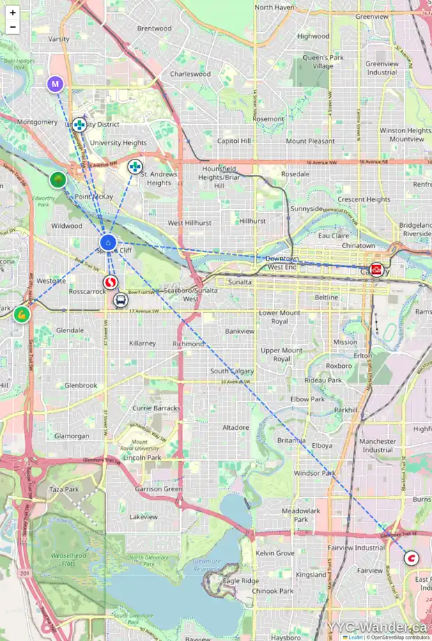 Daily accessibility map for 3732 2 AV SW, Calgary showing nearby schools, grocery stores, parks, LRT stations and nearby amenities