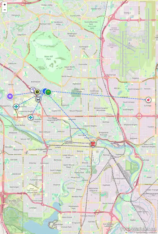 Daily accessibility map for 2343 CHICOUTIMI DR NW, Calgary showing nearby schools, grocery stores, parks, LRT stations and nearby amenities