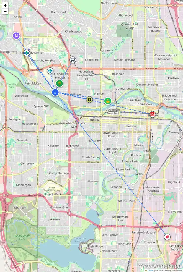 Daily accessibility map for 2916 4 AV NW, Calgary showing nearby schools, grocery stores, parks, LRT stations and nearby amenities