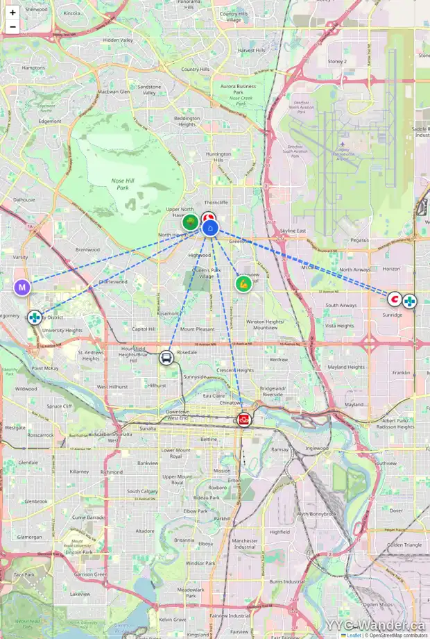 Daily accessibility map for 516 TRAFFORD DR NW, Calgary showing nearby schools, grocery stores, parks, LRT stations and nearby amenities