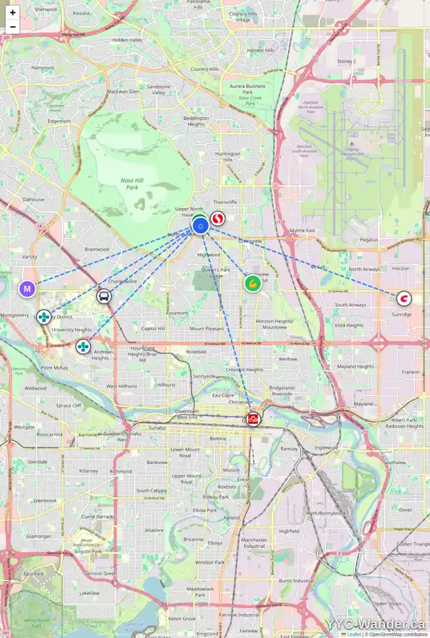 Daily accessibility map for 1024 TRAFFORD DR NW, Calgary showing nearby schools, grocery stores, parks, LRT stations and nearby amenities