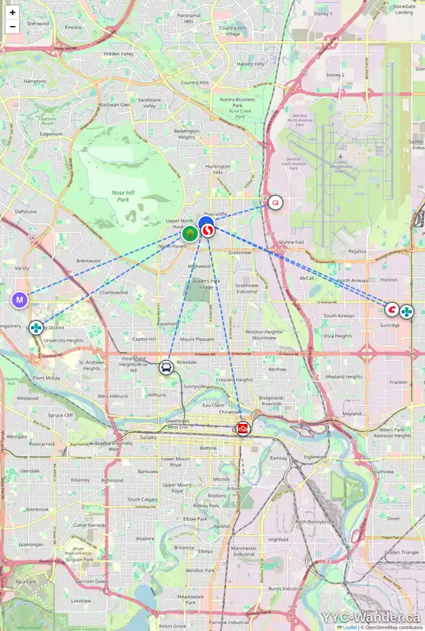 Daily accessibility map for 1 TIPTON PL NW, Calgary showing nearby schools, grocery stores, parks, LRT stations and nearby amenities