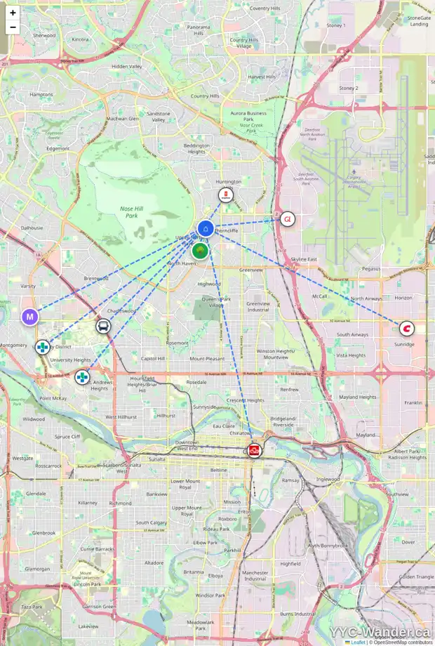 Daily accessibility map for 52 THAMES PL NW, Calgary showing nearby schools, grocery stores, parks, LRT stations and nearby amenities