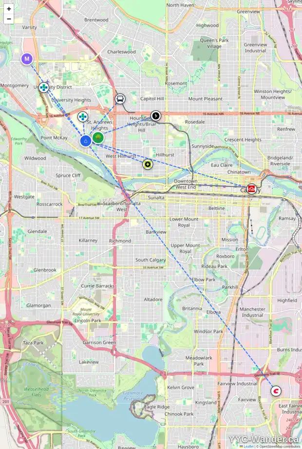 Daily accessibility map for 907 32 ST NW, Calgary showing nearby schools, grocery stores, parks, LRT stations and nearby amenities