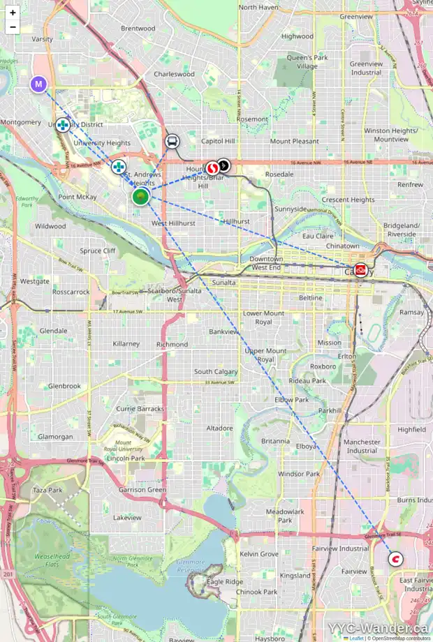 Daily accessibility map for 2640 TORONTO CR NW, Calgary showing nearby schools, grocery stores, parks, LRT stations and nearby amenities