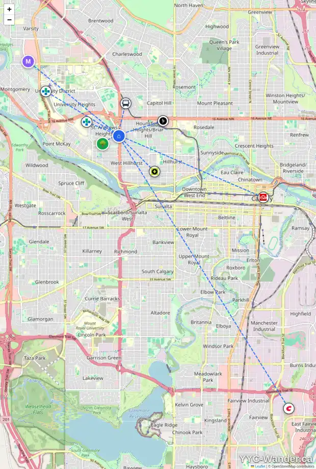 Daily accessibility map for 1307 UNIVERSITY DR NW, Calgary showing nearby schools, grocery stores, parks, LRT stations and nearby amenities