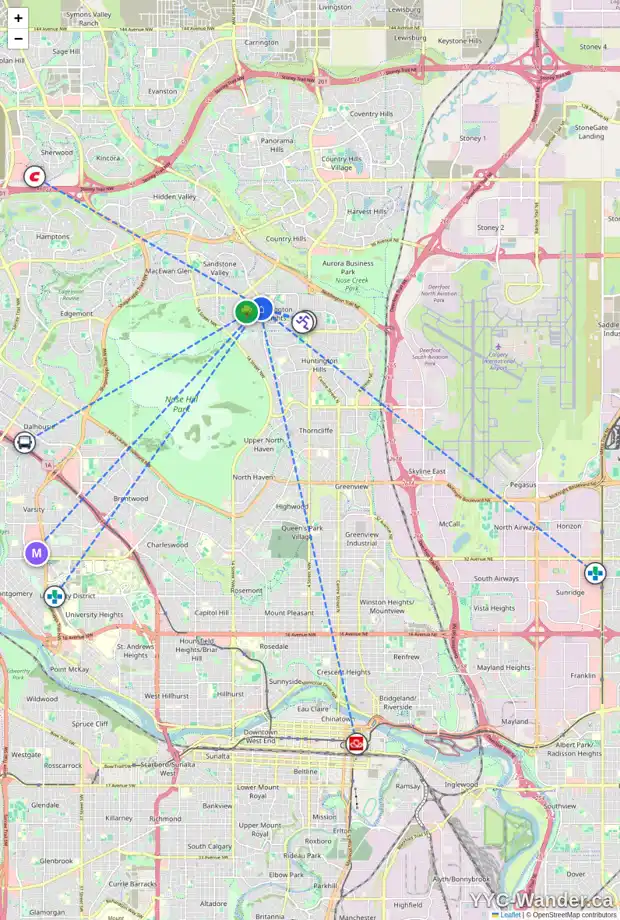 Daily accessibility map for 55 BERWICK HL NW, Calgary showing nearby schools, grocery stores, parks, LRT stations and nearby amenities