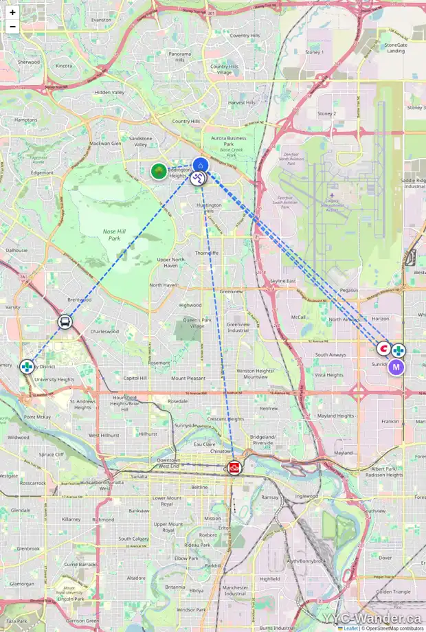 Daily accessibility map for 32 BERGEN PL NW, Calgary showing nearby schools, grocery stores, parks, LRT stations and nearby amenities