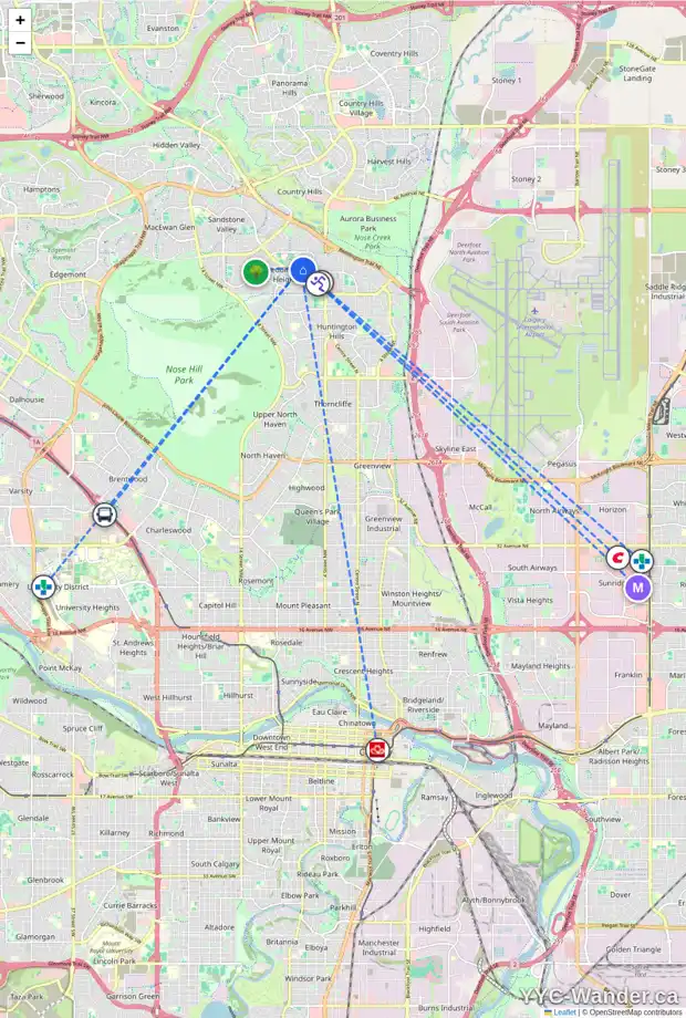 Daily accessibility map for 32 BERMUDA CO NW, Calgary showing nearby schools, grocery stores, parks, LRT stations and nearby amenities