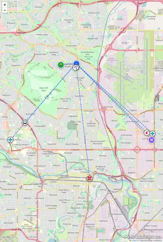 Daily accessibility map for 141 BERGEN CR NW, Calgary showing nearby schools, grocery stores, parks, LRT stations and nearby amenities