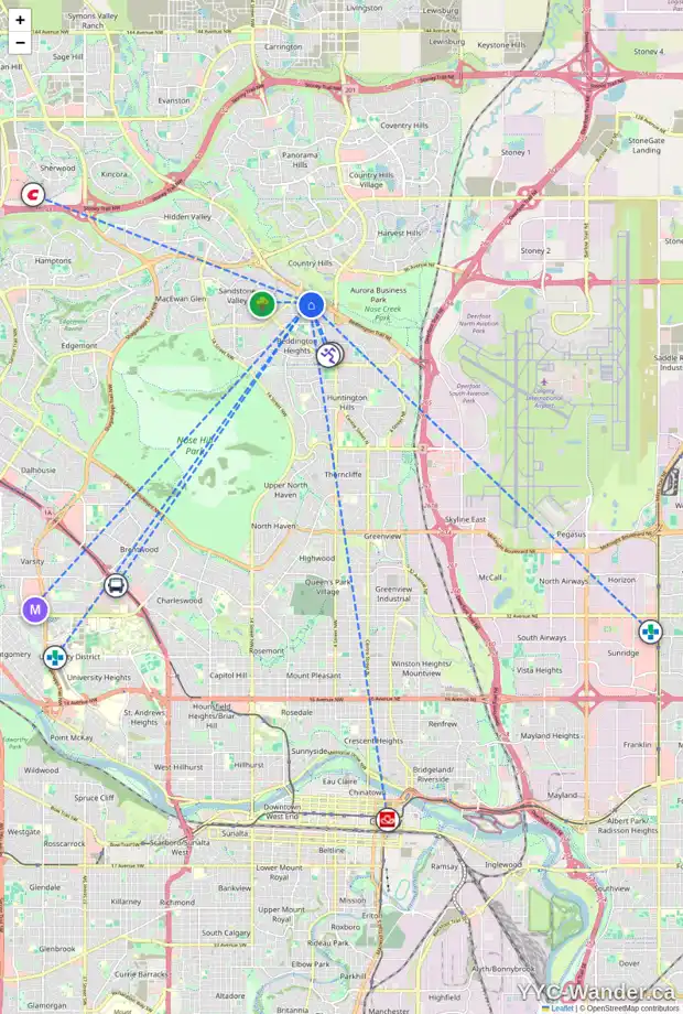 Daily accessibility map for 24 BERNARD RD NW, Calgary showing nearby schools, grocery stores, parks, LRT stations and nearby amenities