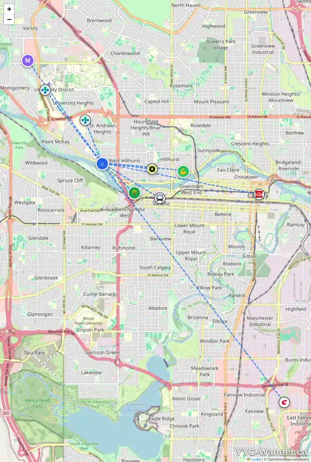 Daily accessibility map for 2740 PARKDALE BV NW, Calgary showing nearby schools, grocery stores, parks, LRT stations and nearby amenities