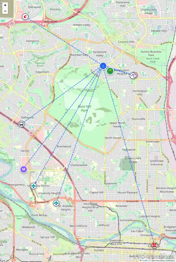 Daily accessibility map for 67 BEARBERRY BA NW, Calgary showing nearby schools, grocery stores, parks, LRT stations and nearby amenities