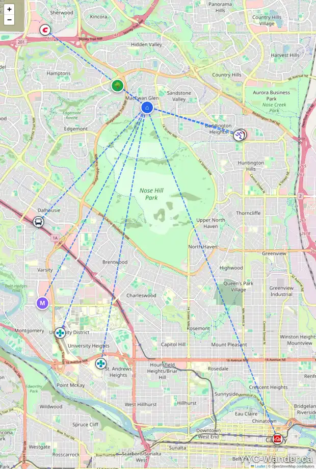 Daily accessibility map for 115 MACEWAN DR NW, Calgary showing nearby schools, grocery stores, parks, LRT stations and nearby amenities