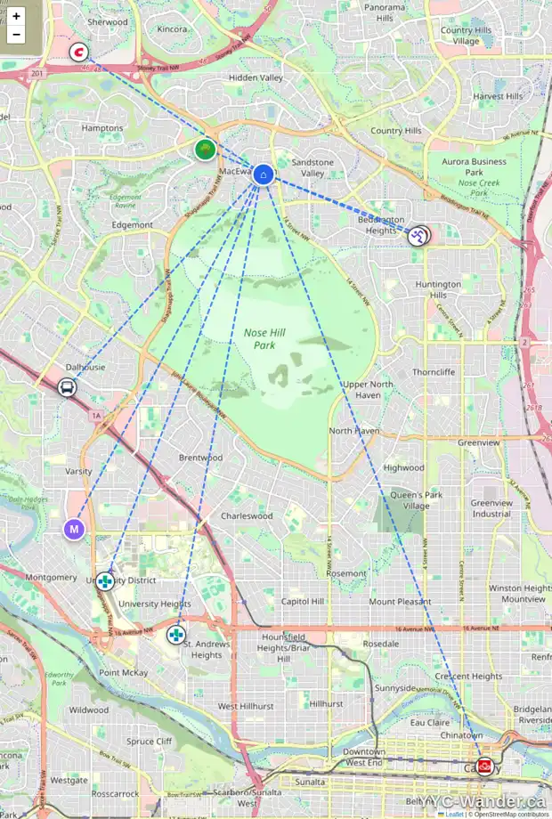 Daily accessibility map for 72 MACEWAN PARK RD NW, Calgary showing nearby schools, grocery stores, parks, LRT stations and nearby amenities