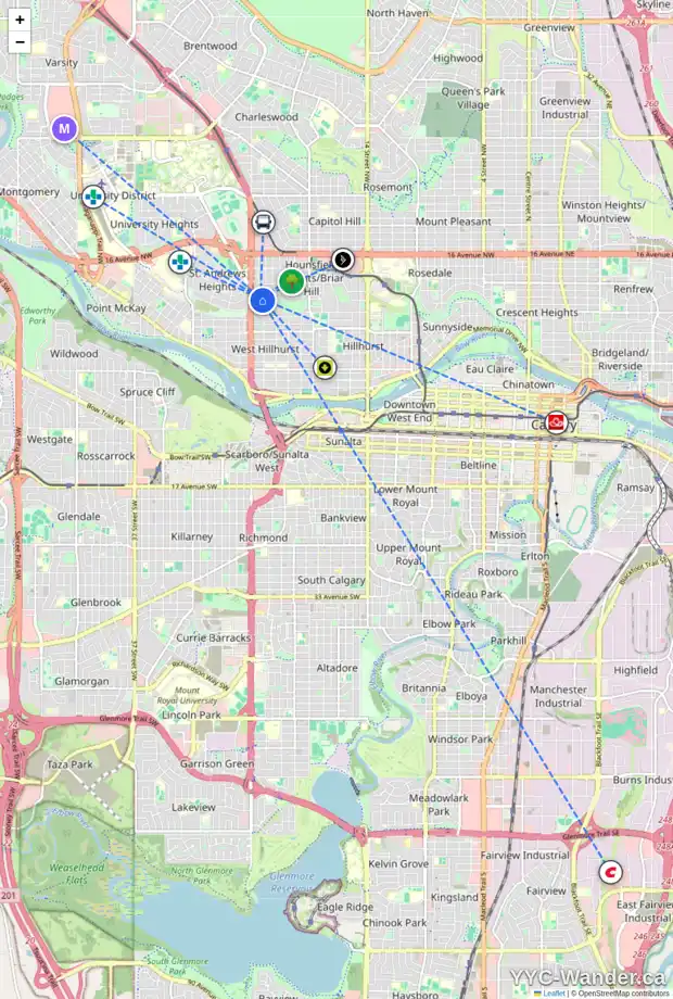 Daily accessibility map for 2316 SUMAC RD NW, Calgary showing nearby schools, grocery stores, parks, LRT stations and nearby amenities