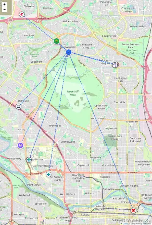 Daily accessibility map for 257 MACEWAN GLEN DR NW, Calgary showing nearby schools, grocery stores, parks, LRT stations and nearby amenities