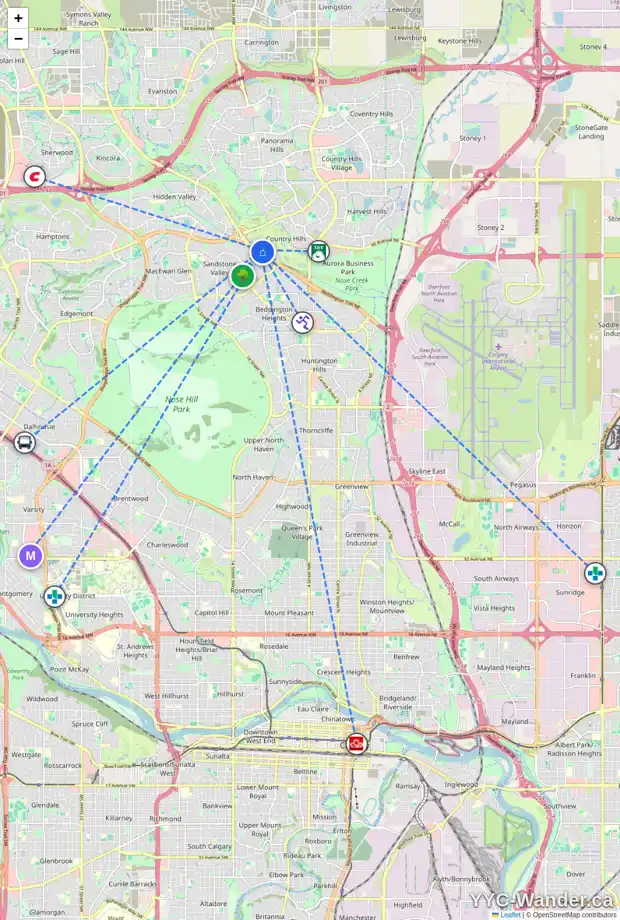Daily accessibility map for 105 COUNTRY HILLS CL NW, Calgary showing nearby schools, grocery stores, parks, LRT stations and nearby amenities
