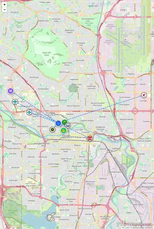 Daily accessibility map for 707 15 ST NW, Calgary showing nearby schools, grocery stores, parks, LRT stations and nearby amenities