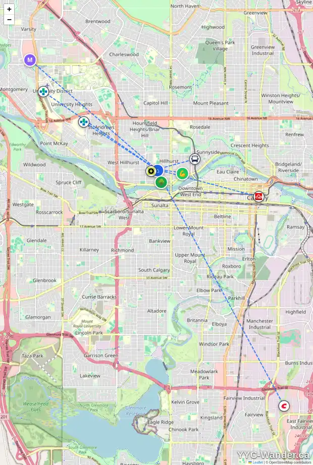 Daily accessibility map for 1751 1 AV NW, Calgary showing nearby schools, grocery stores, parks, LRT stations and nearby amenities