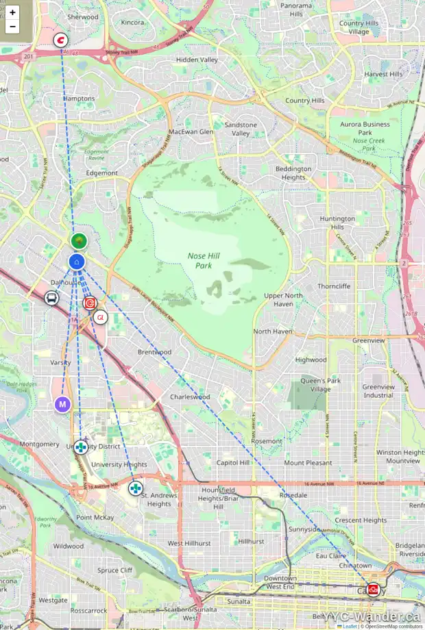 Daily accessibility map for 218 DALHURST WY NW, Calgary showing nearby schools, grocery stores, parks, LRT stations and nearby amenities