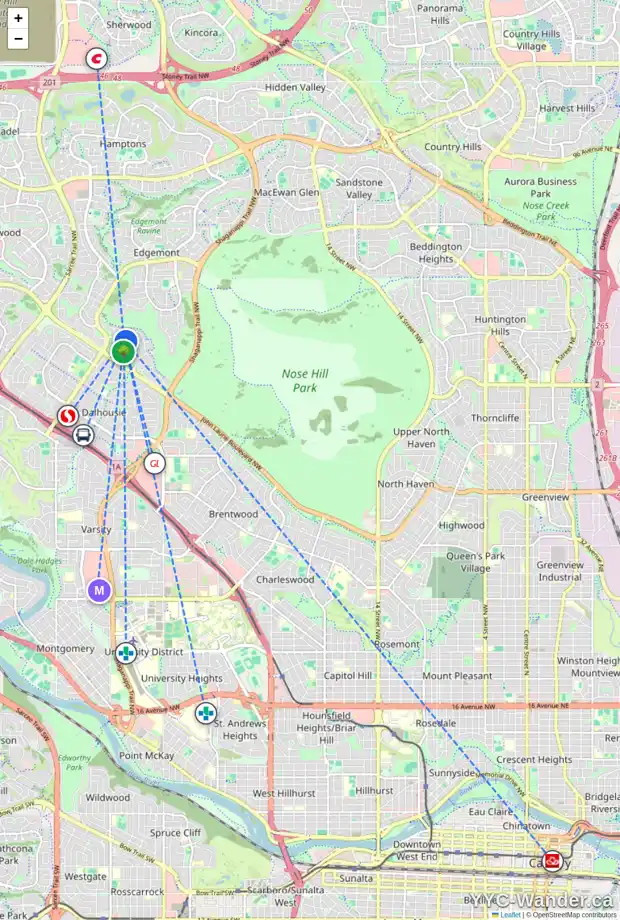 Daily accessibility map for 7039 EDGEMONT DR NW, Calgary showing nearby schools, grocery stores, parks, LRT stations and nearby amenities