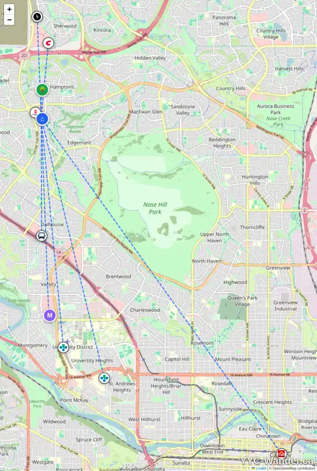 Daily accessibility map for 18 EDGEBURN PL NW, Calgary showing nearby schools, grocery stores, parks, LRT stations and nearby amenities