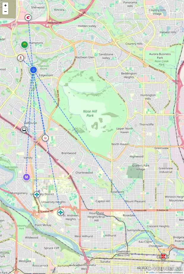 Daily accessibility map for 171 EDGEVIEW DR NW, Calgary showing nearby schools, grocery stores, parks, LRT stations and nearby amenities
