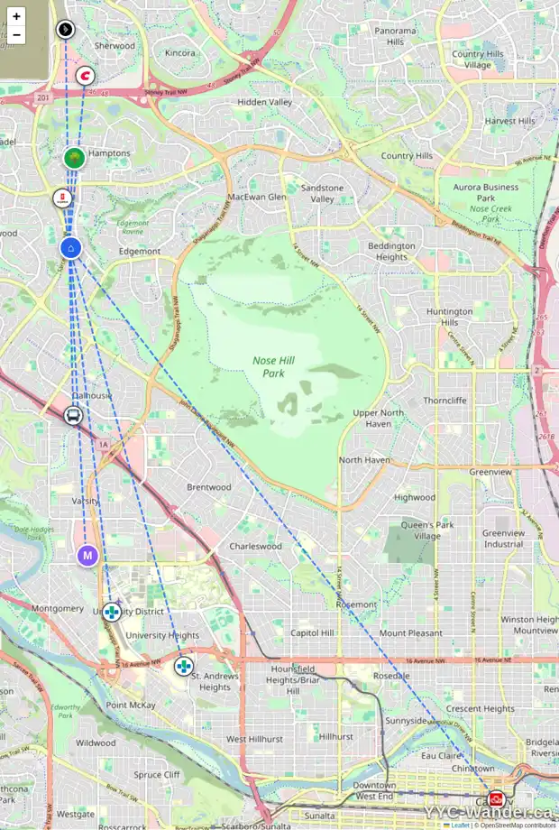 Daily accessibility map for 27 EDGELAND ME NW, Calgary showing nearby schools, grocery stores, parks, LRT stations and nearby amenities