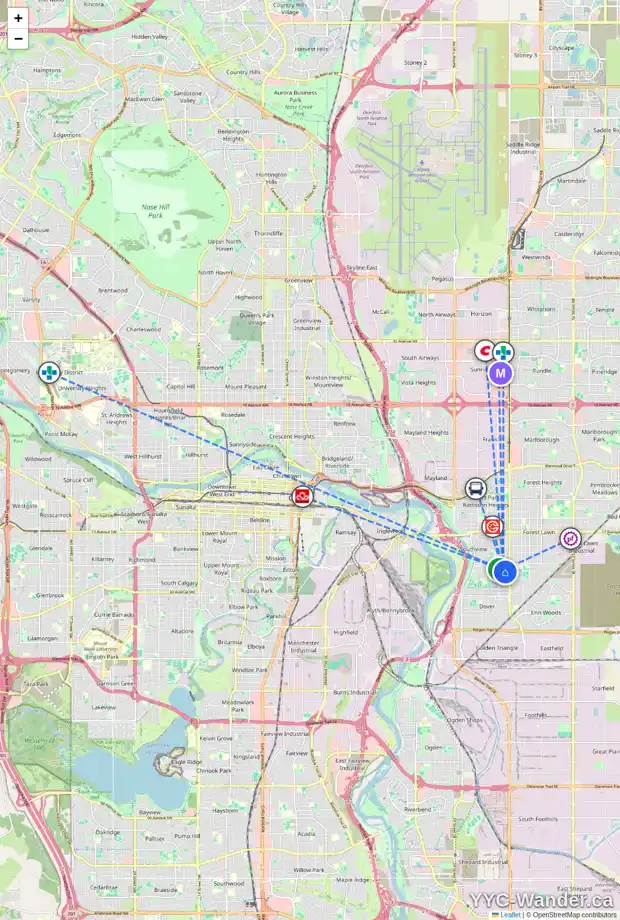 Daily accessibility map for 3603 27A AV SE, Calgary showing nearby schools, grocery stores, parks, LRT stations and nearby amenities