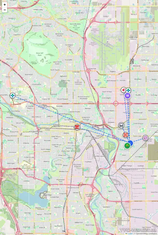Daily accessibility map for 2429 36 ST SE, Calgary showing nearby schools, grocery stores, parks, LRT stations and nearby amenities