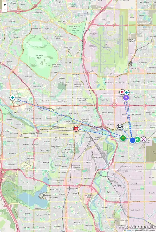 Daily accessibility map for 2015 40 ST SE, Calgary showing nearby schools, grocery stores, parks, LRT stations and nearby amenities