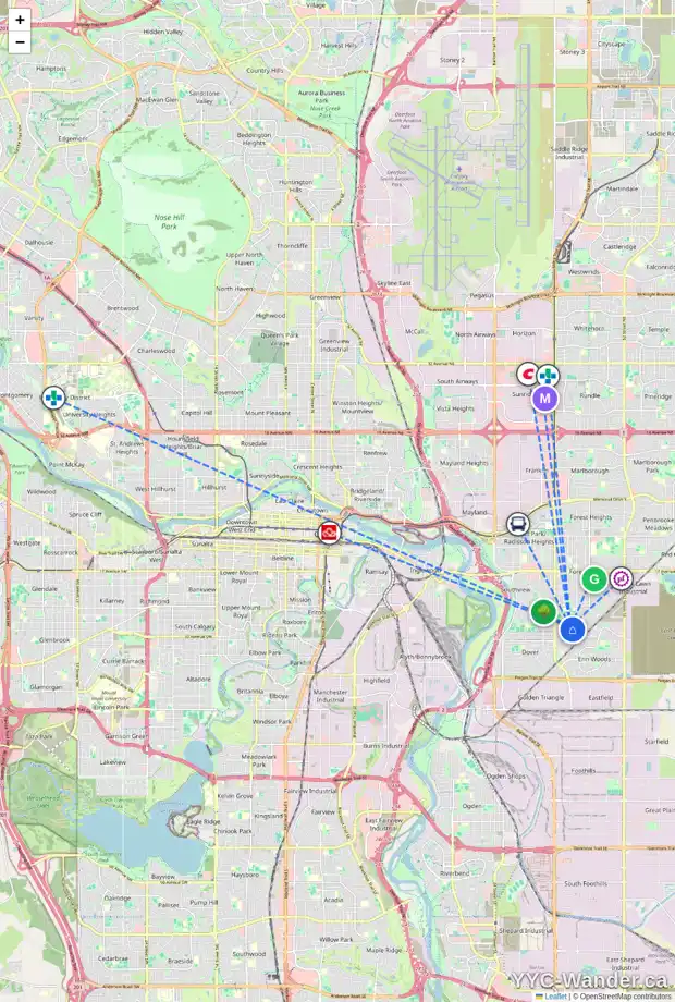 Daily accessibility map for 3204 39 ST SE, Calgary showing nearby schools, grocery stores, parks, LRT stations and nearby amenities