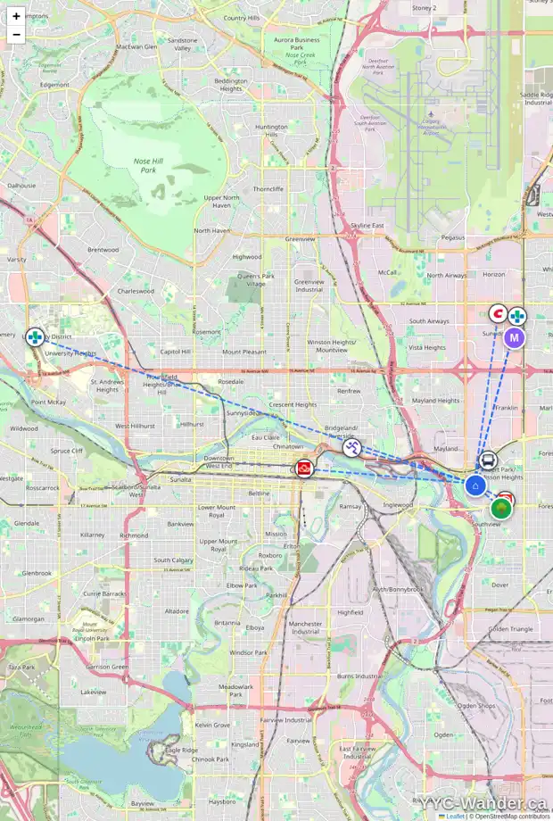 Daily accessibility map for 2623 11 AV SE, Calgary showing nearby schools, grocery stores, parks, LRT stations and nearby amenities